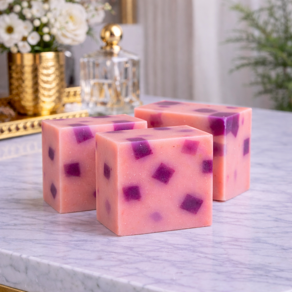 Three pink soap bars with purple specks on a marble surface, with decorative items in the background.