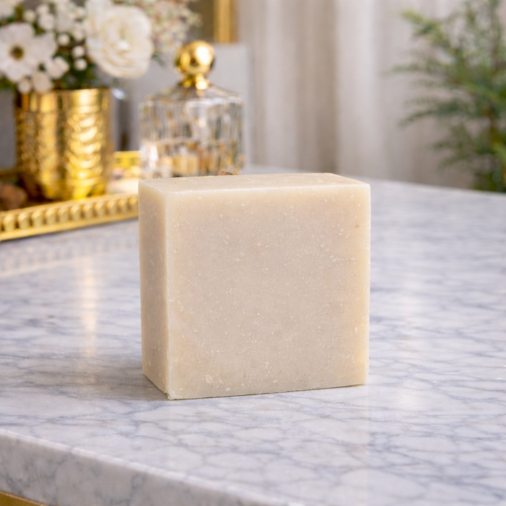 Square beige decorative object on a marble surface with floral and mirror background