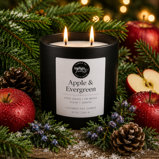 A matte black double-wick Apple & Evergreen candle by Indigo Scents surrounded by snow-dusted evergreen branches, red apples, juniper berries, and pinecones. This luxury coconut soy candle captures the fresh scent of crisp apples and evergreen forests during the fall and winter seasons.