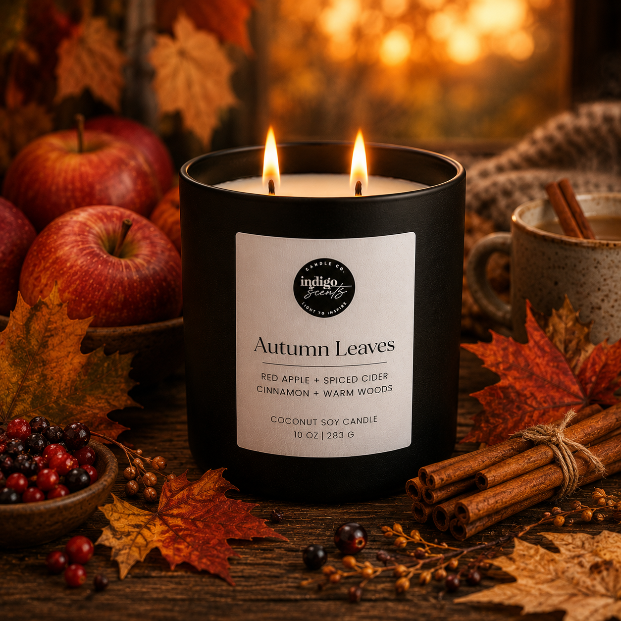 A matte black Indigo Scents candle labeled Autumn Leaves sits on a rustic wooden table surrounded by fallen maple leaves, red apples, cinnamon sticks, berries, and a soft amber sunset glow.