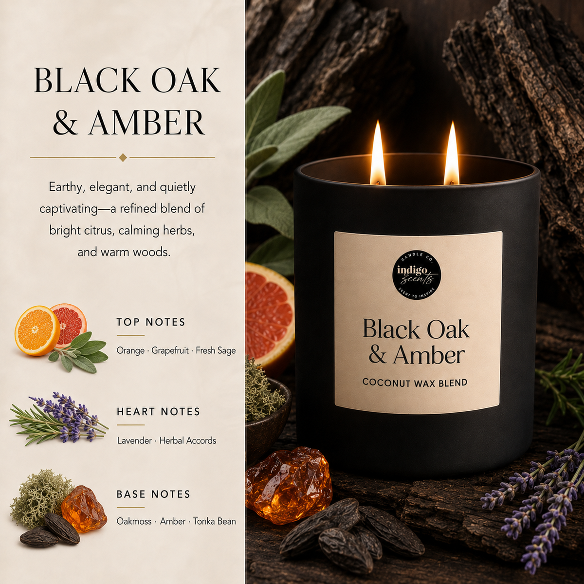 Black Oak & Amber Candle | Matte Black Jar