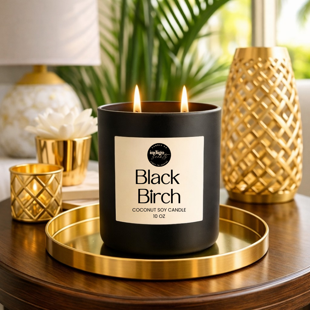 Black Birch candle in a 10 oz signature matte black jar, clean-burning coconut soy candle with rich birch wood fragrance and balanced scent throw