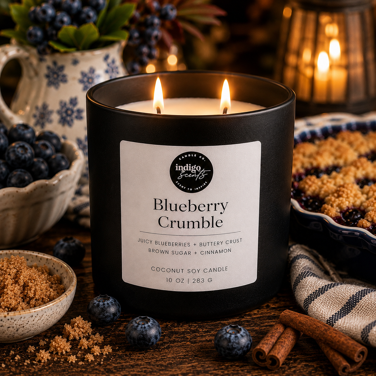 A lit black candle jar labeled 'Blueberry Crumble' by Indigo Scents, styled on a rustic wooden surface with blueberries, brown sugar, cinnamon sticks, and a cozy background with candles.