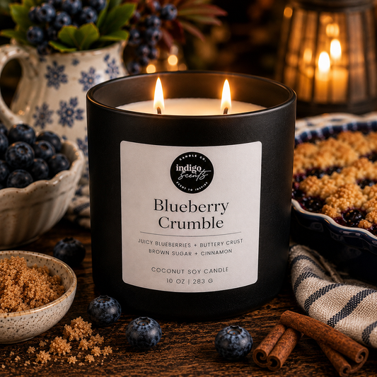 A lit black candle jar labeled 'Blueberry Crumble' by Indigo Scents, styled on a rustic wooden surface with blueberries, brown sugar, cinnamon sticks, and a cozy background with candles.
