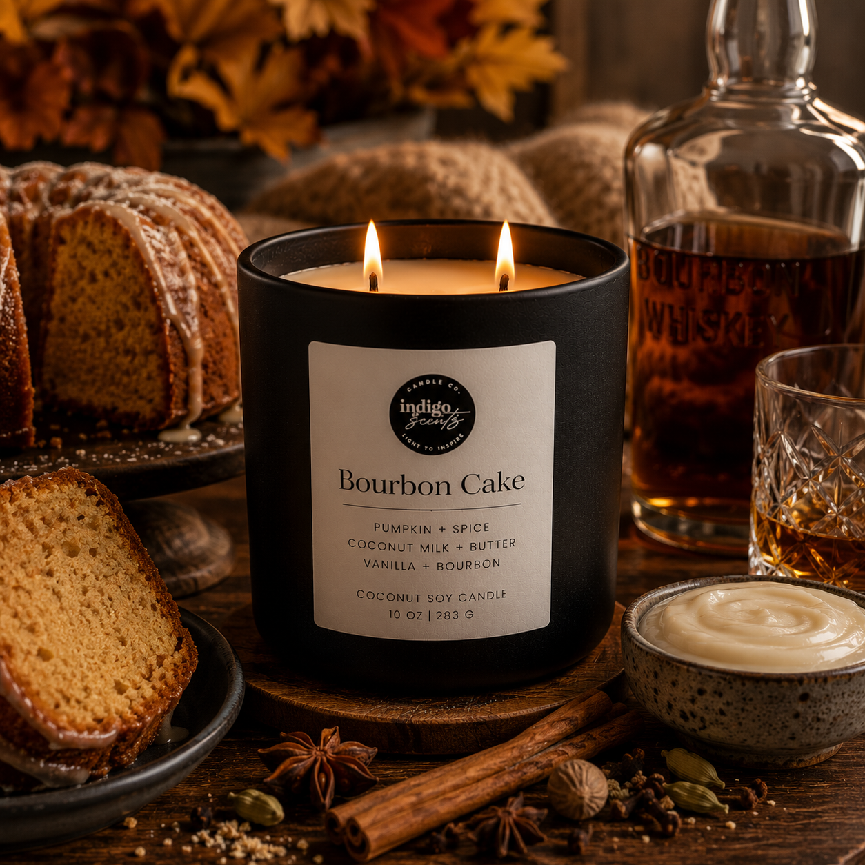 An Indigo Scents matte black candle labeled “Bourbon Cake” sits beside a slice of bundt cake, cinnamon sticks, a bottle of bourbon, and soft candlelight on a rustic wooden table.