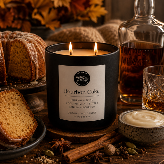An Indigo Scents matte black candle labeled “Bourbon Cake” sits beside a slice of bundt cake, cinnamon sticks, a bottle of bourbon, and soft candlelight on a rustic wooden table.
