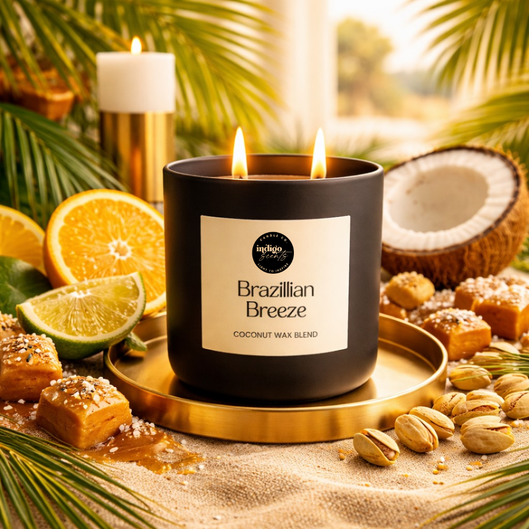 Brazilian Breeze candle inspired by tropical beach vibes with notes of mandarin, pistachio, vanilla, and caramel
