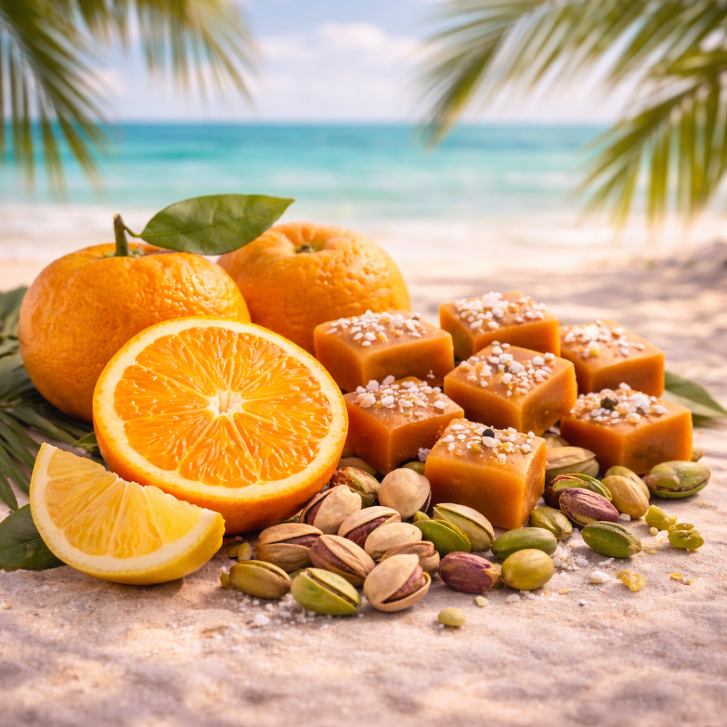 Oranges, caramels, and nuts on a sandy beach with palm trees and ocean in the background