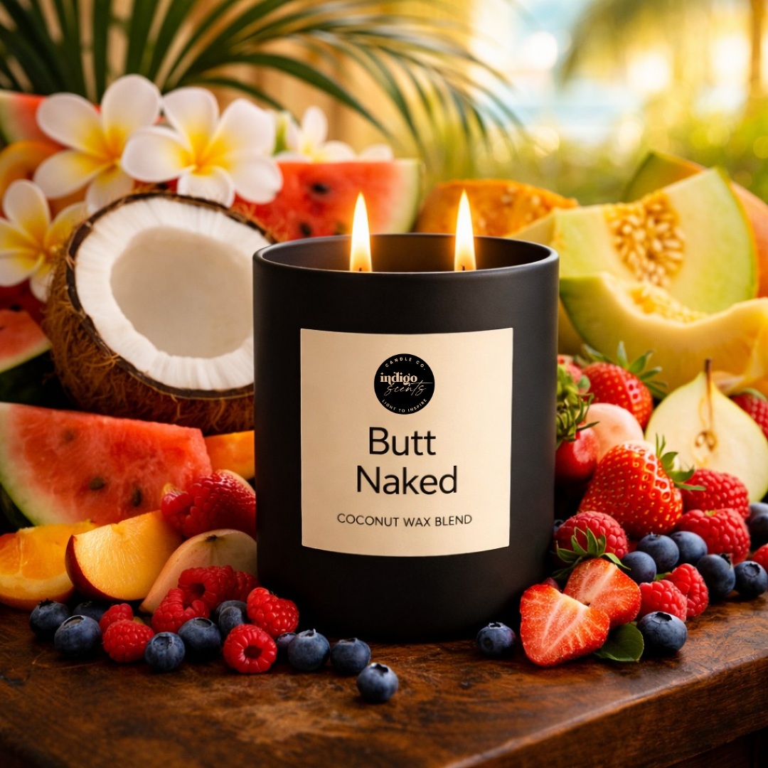 Butt Naked candle inspired by juicy tropical fruits and citrus notes for a playful, sweet aroma
