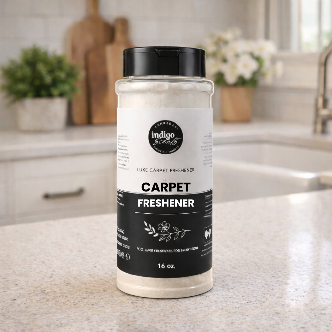 Bottle of indigo scents carpet freshener on a kitchen counter
