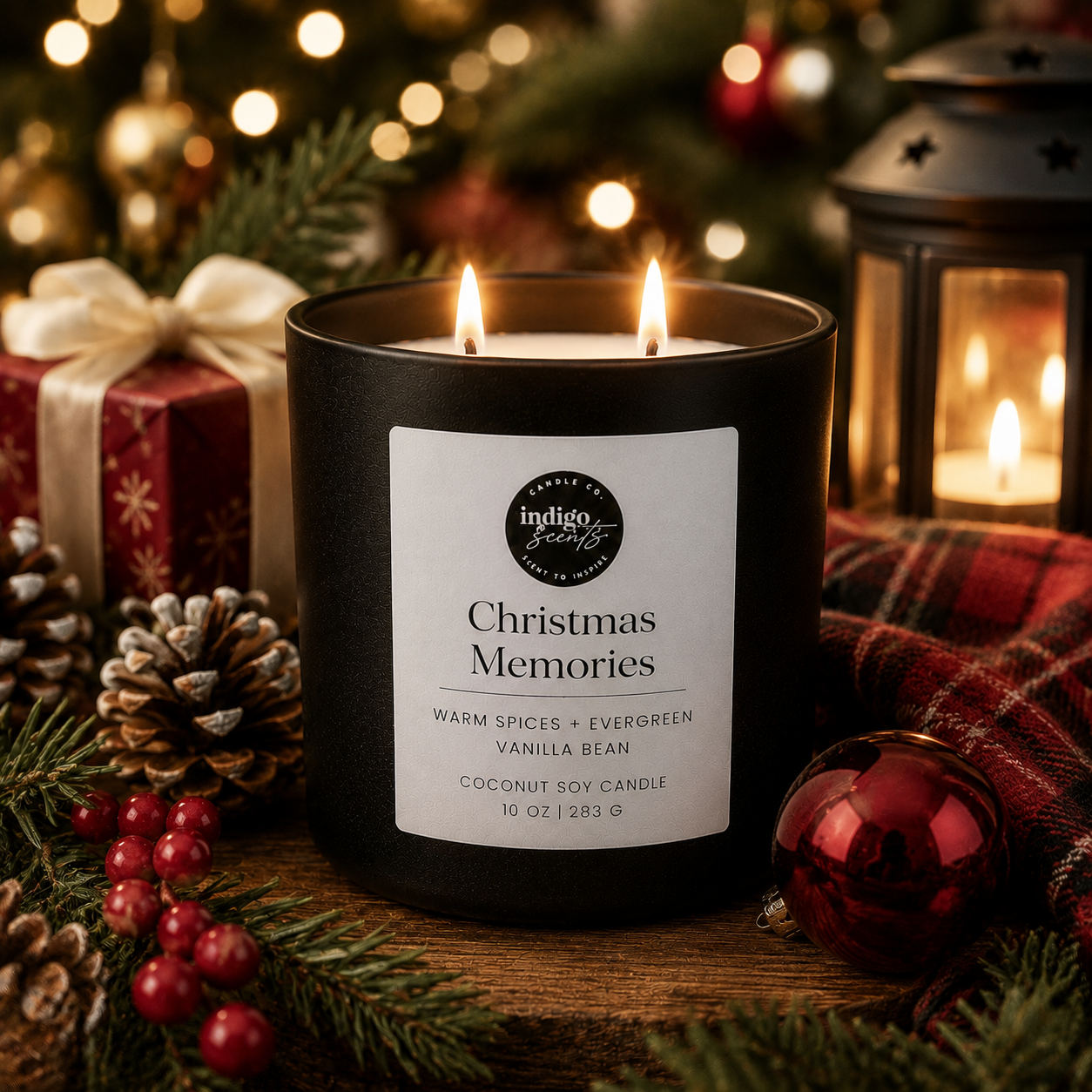 A black candle jar labeled 'indigo & ink Co. Christmas Memories' with two lit wicks, styled on a wooden surface with holiday decorations including pine branches, red berries, a red ornament, a wrapped gift, and a lantern in a festive indoor setting.