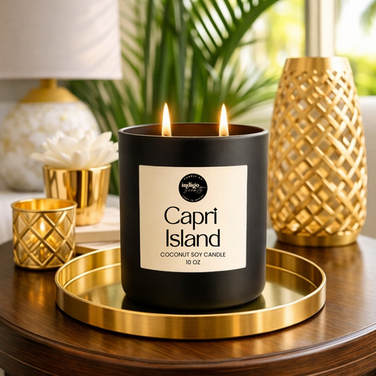 Capri Island candle in a 10oz standard matte black jar with a clean island scent blending citrus, light florals, and airy ocean-inspired notes