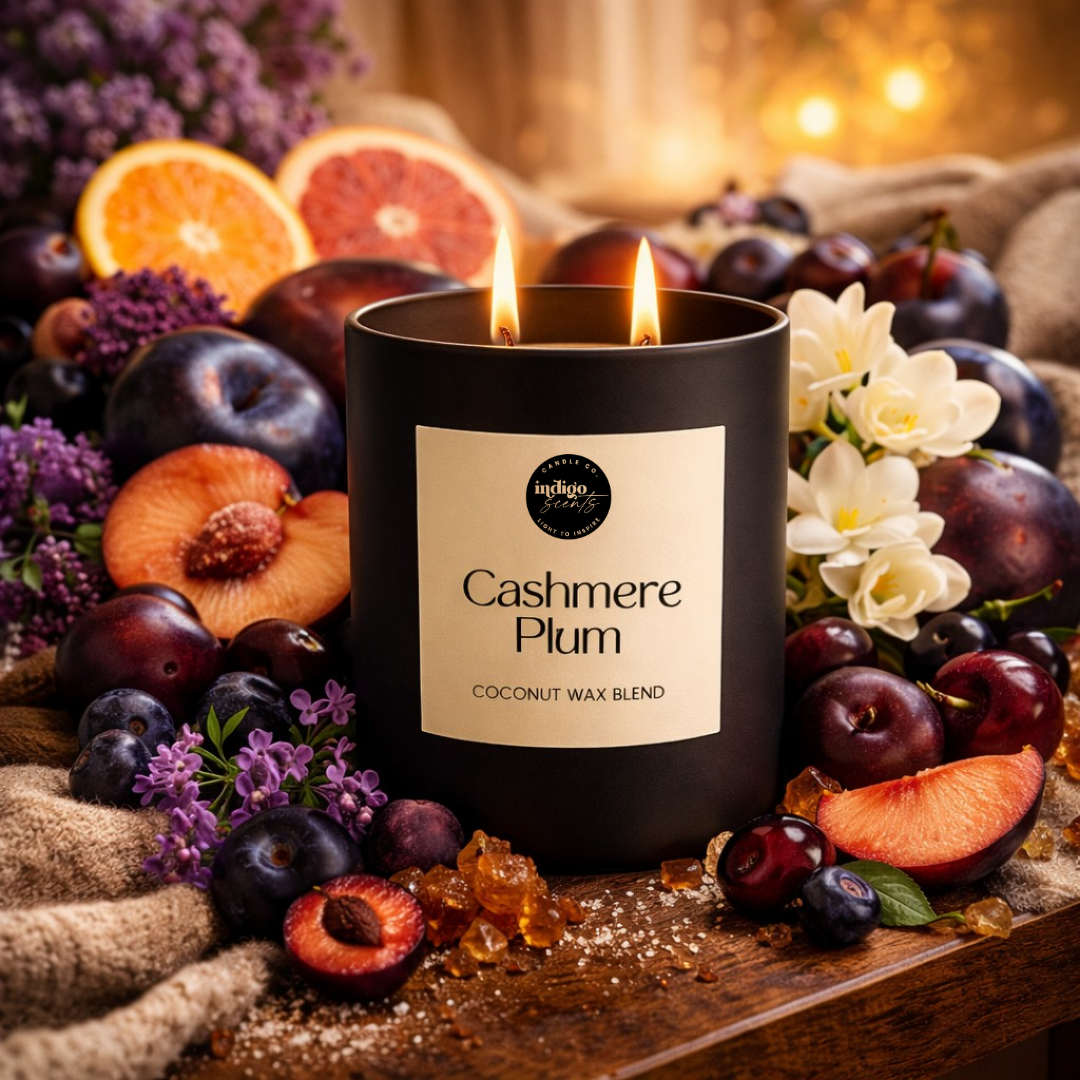 Cashmere Plum candle capturing a rich, cozy fragrance of dark plum, juicy black cherry, and warm vanilla with soft musky notes.