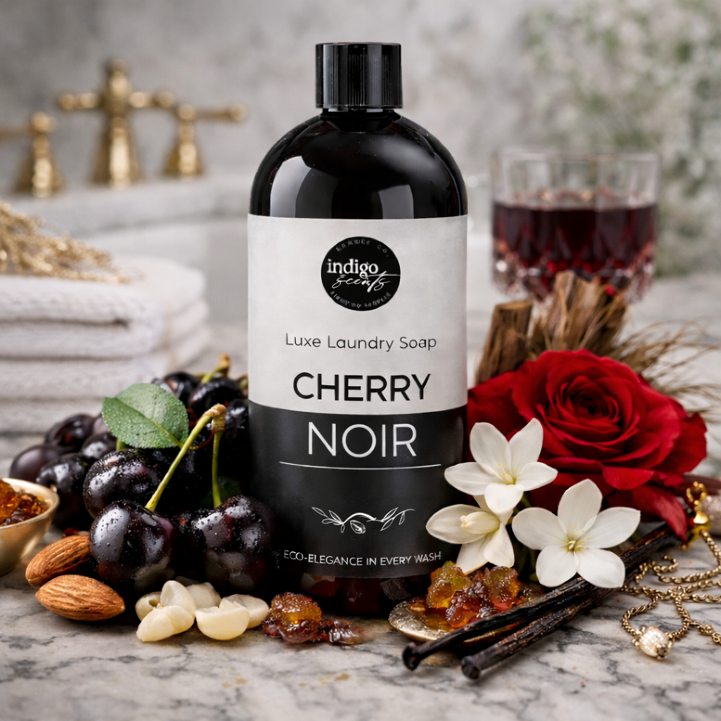 Cherry Noir luxury liquid laundry soap by Indigo Scents styled with black cherries, almond, jasmine, rose, and warm wood elements to reflect its dark, seductive fragrance