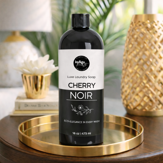 16oz Cherry Noir luxury liquid laundry soap by Indigo Scents featuring rich black cherry, almond, florals, and warm wood notes
