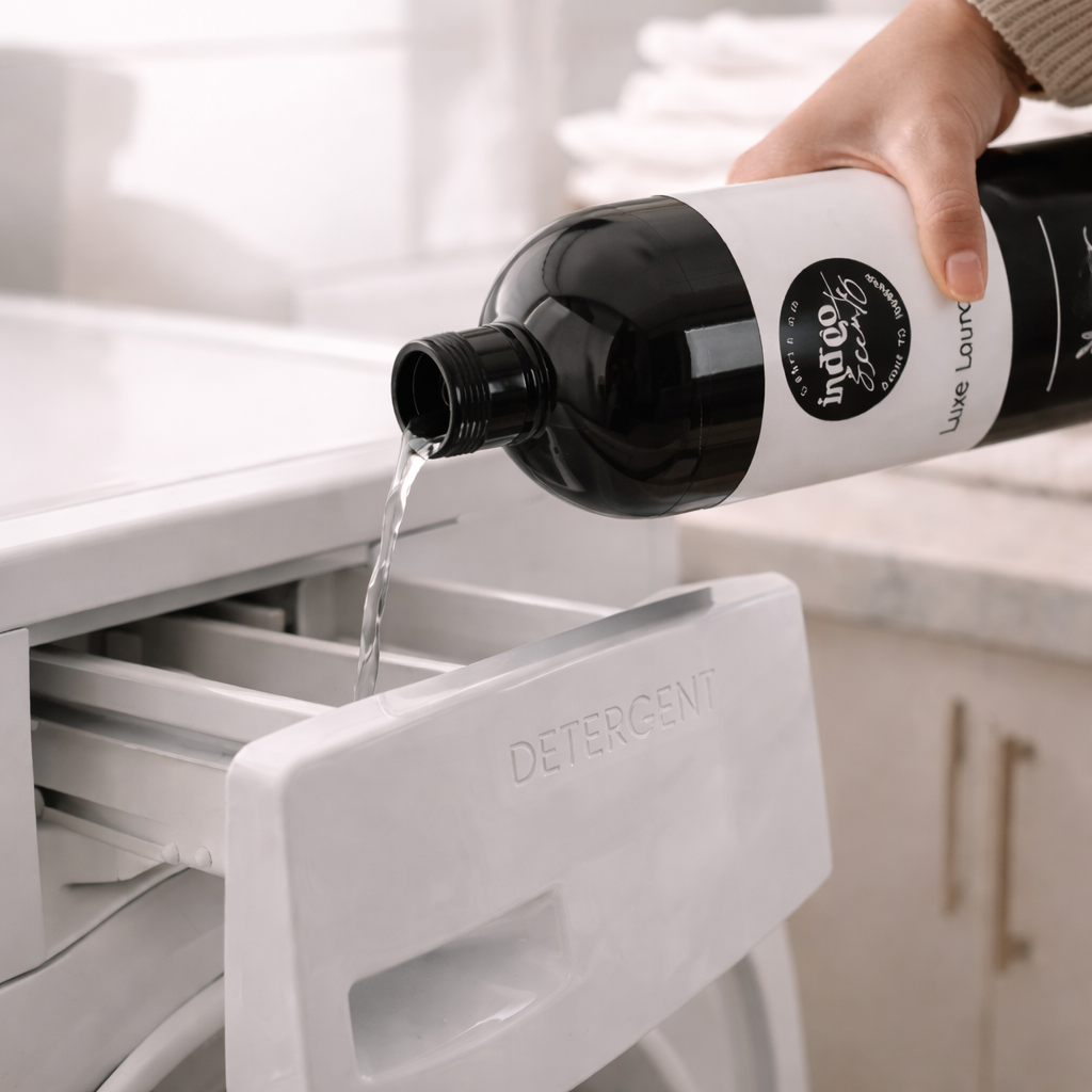 Cherry Noir luxury liquid laundry soap by Indigo Scents styled in an elegant laundry room, highlighting its rich black cherry, floral, and warm wood fragrance