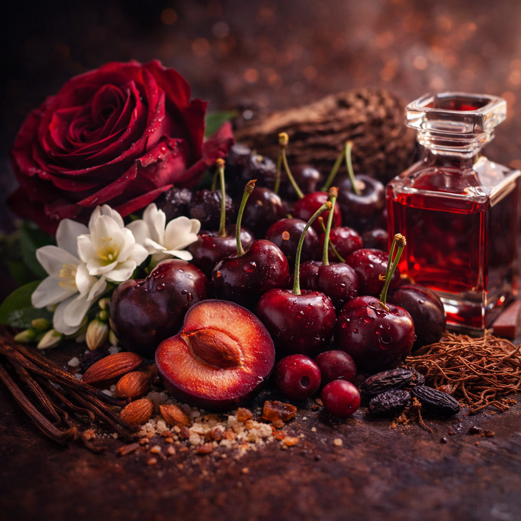 Fruits, flowers, and a bottle of red liquid on a dark surface