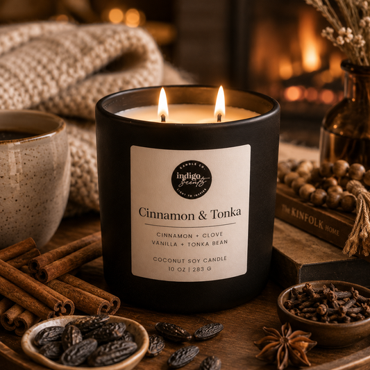 An Indigo Scents matte black candle labeled “Cinnamon & Tonka” sits beside cinnamon sticks, tonka beans, a knit throw, and a glowing fireplace bathed in soft golden light.