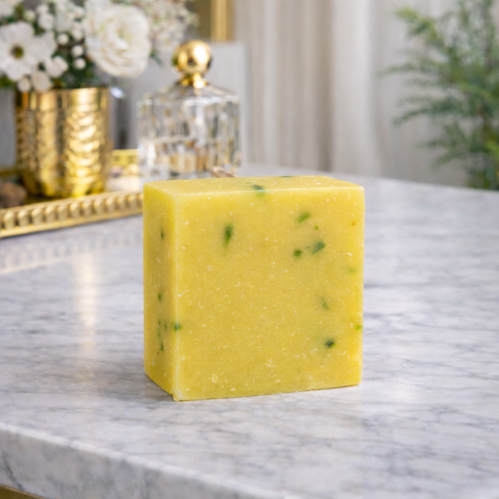 Yellow soap bar on a marble surface with decorative items in the background