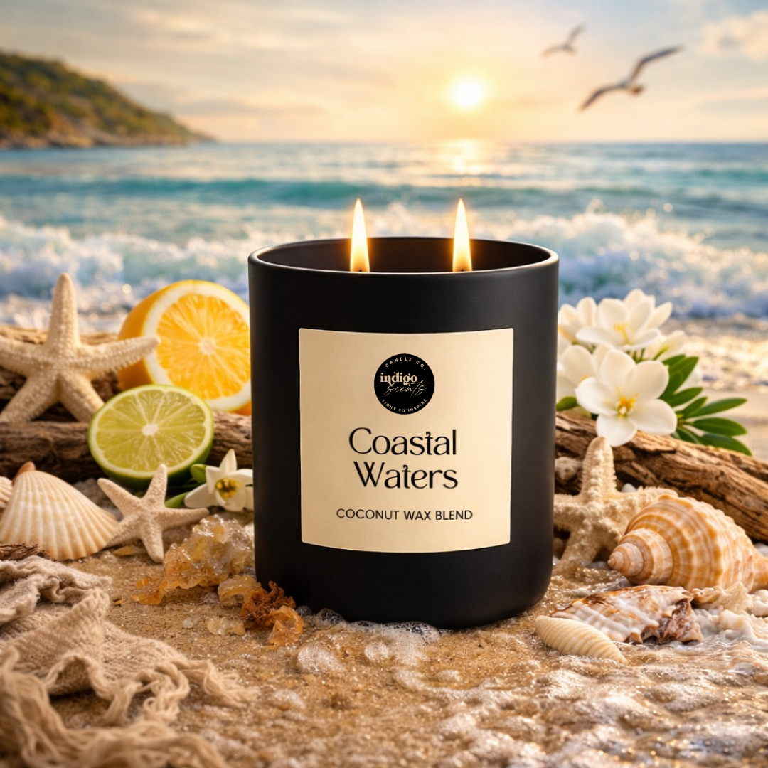 Coastal Waters candle surrounded by coastal elements, highlighting fresh ocean air, citrus, and soft jasmine notes