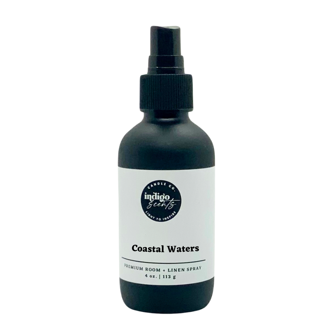 Indigo Scents Coastal Waters Room Spray with notes of sea salt, citrus, and driftwood.