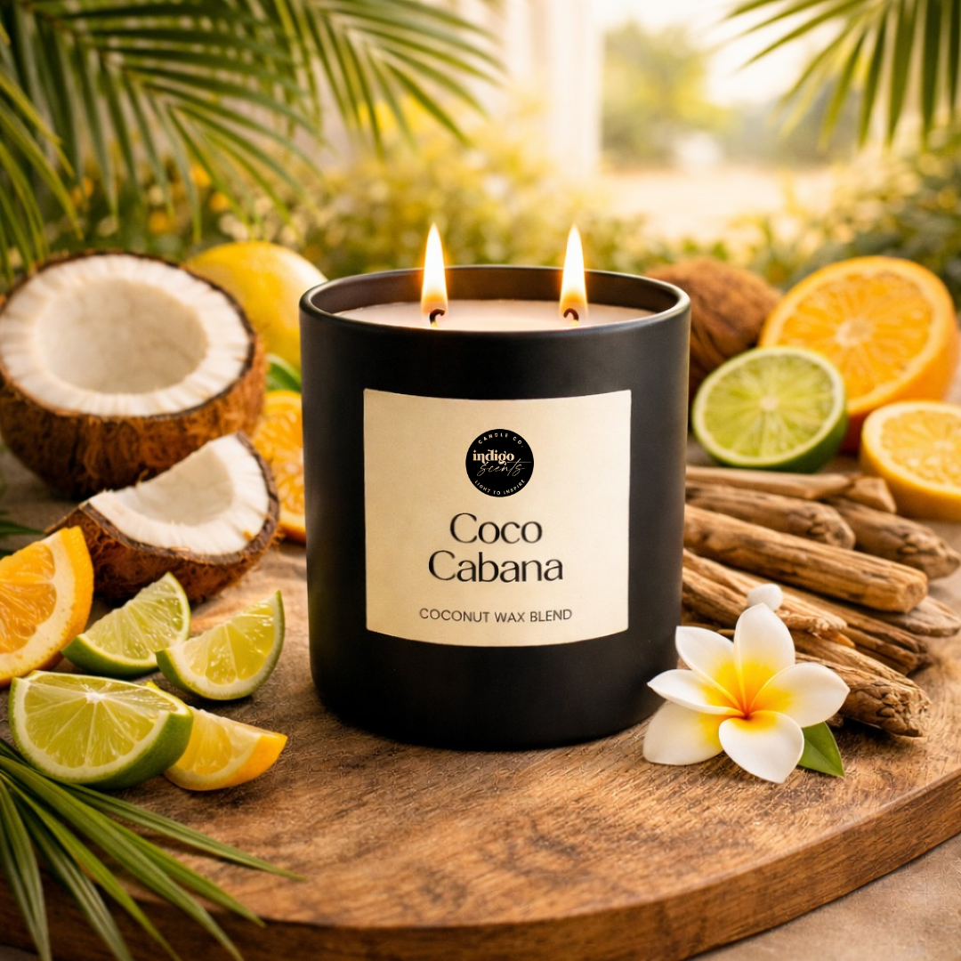 Coco Cabana candle surrounded by coconut and tropical elements, highlighting creamy coconut, citrus, and soft floral notes