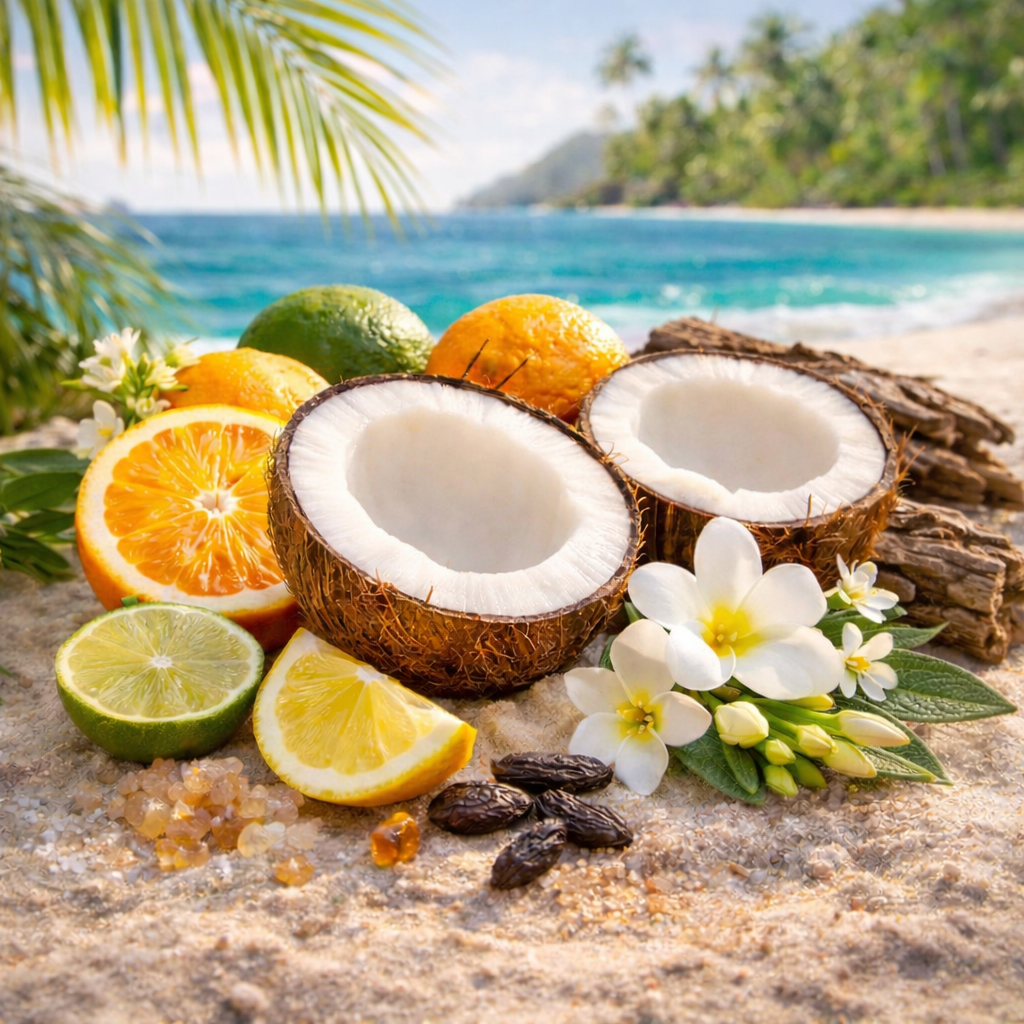 Coconuts, oranges, lemons, limes, and flowers on a beach with palm trees and ocean in the background.