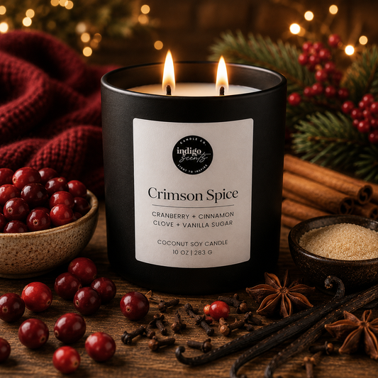 A matte black Indigo Scents candle labeled Crimson Spice sits on a rustic wooden table surrounded by fresh cranberries, cinnamon sticks, star anise, cloves, vanilla pods, and softly glowing holiday lights in the background.