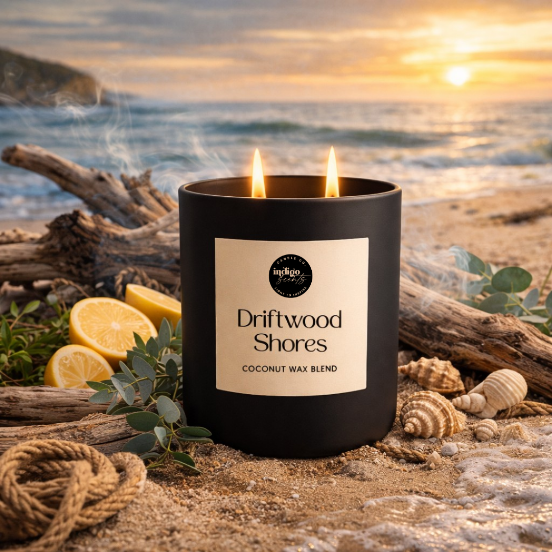 Driftwood Shores candle surrounded by coastal elements, highlighting driftwood, citrus, eucalyptus, and warm amber notes