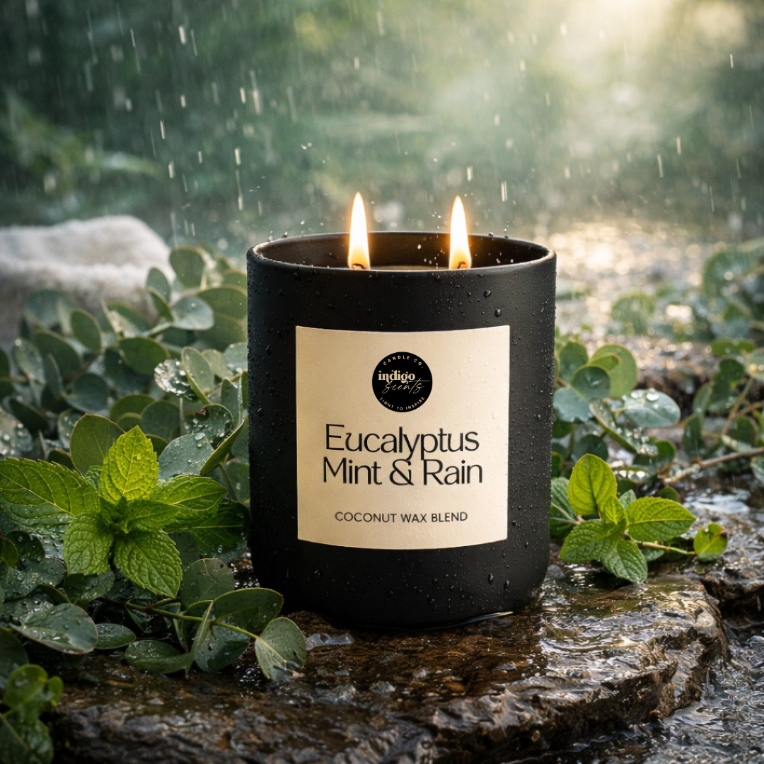 Eucalyptus Mint & Rain candle surrounded by eucalyptus leaves and fresh elements, highlighting mint, rain, and clean spa notes
