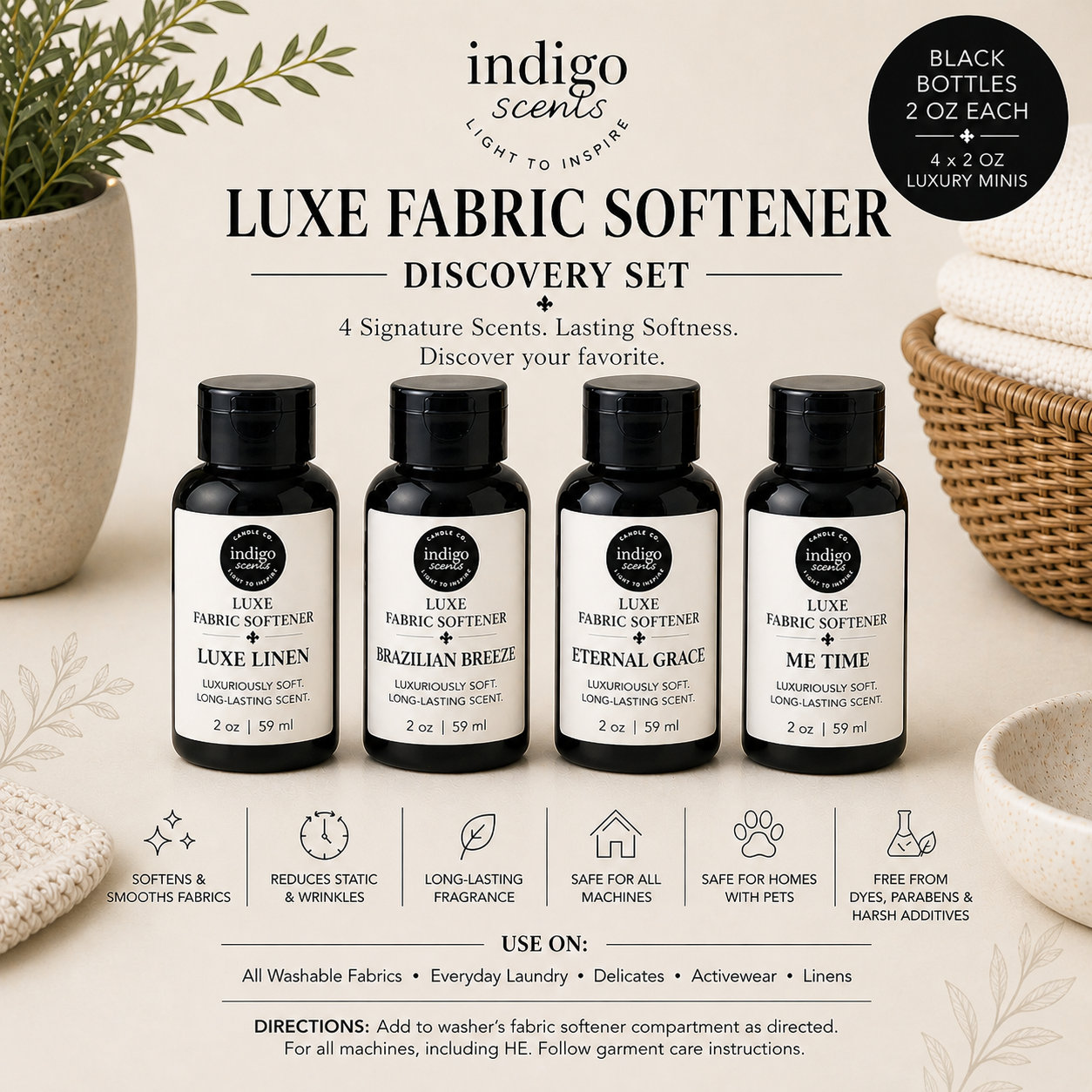 Indigo Scents Luxe Fabric Softener Discovery Set with bottles and packaging on a neutral background.