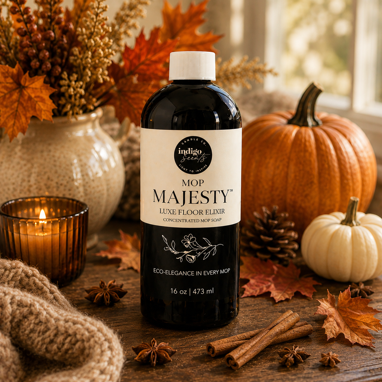 Mop Majesty mop soap bottle in a Fall setting of pumpkins, cinnamon sticks, pinecones, a sweater and fall flowers. 
