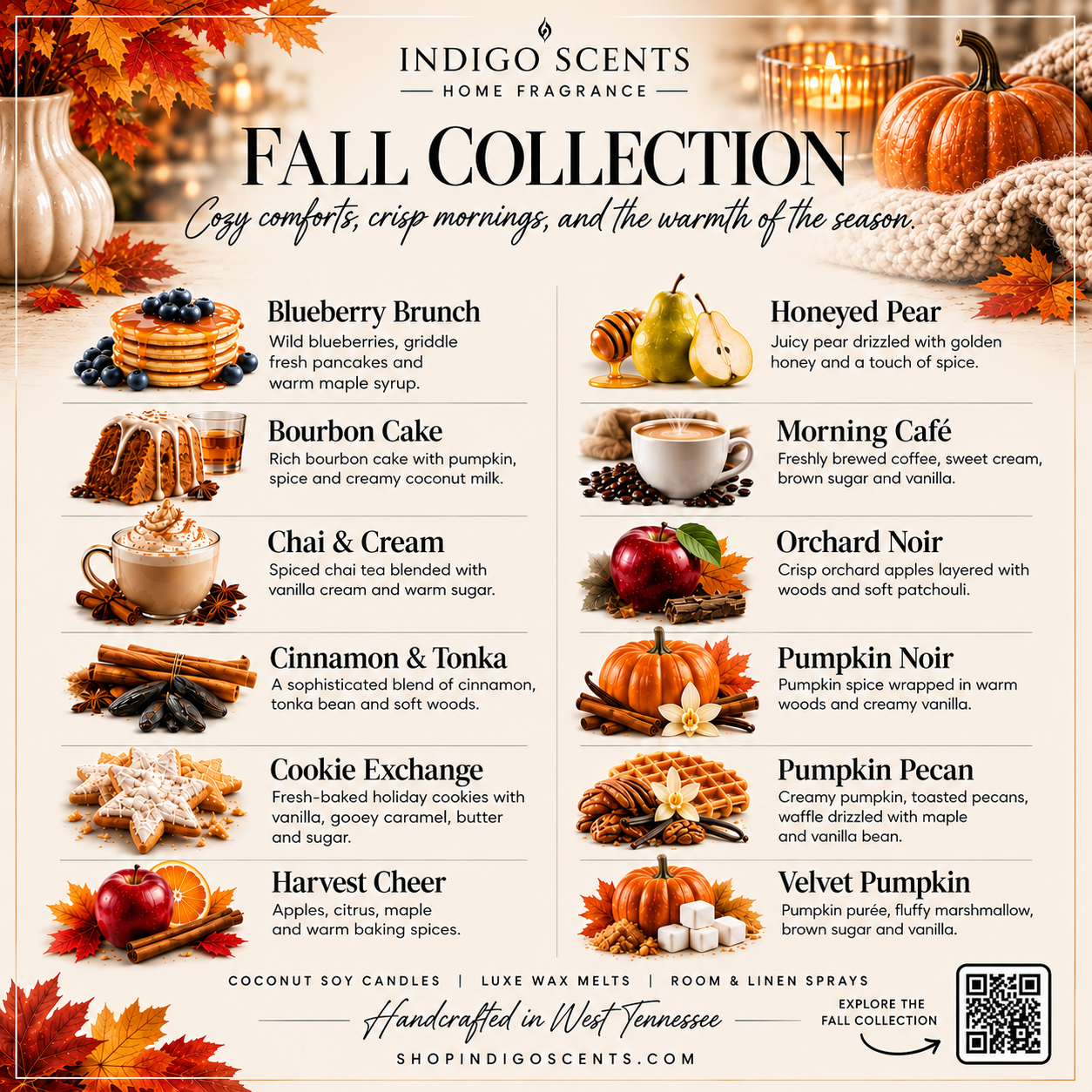 A promotional graphic for the Indigo Scents Fall Collection, featuring a grid of twelve seasonal scents with illustrations of autumn foods, drinks, and fall-themed decorations. The text reads 'FALL COLLECTION' and lists scents like Blueberry Brunch, Bourbon Cake, Chai & Cream, and Orchard Noir.