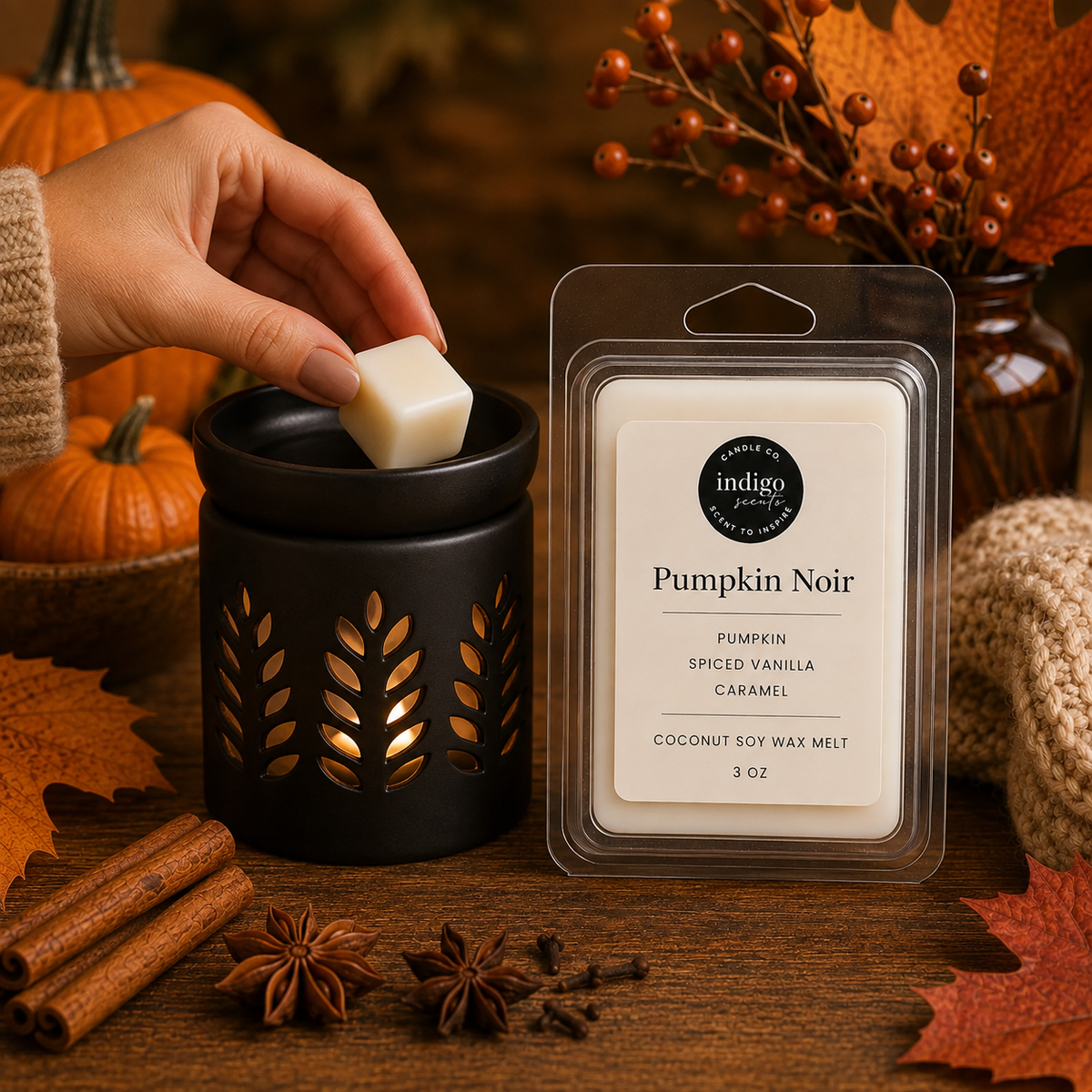 A hand places a white wax melt cube into a black leaf-patterned candle warmer beside a clear package of Indigo Scents 'Pumpkin Noir' coconut soy wax melt, styled with autumn leaves, cinnamon sticks, star anise, and pumpkins on a wooden table.