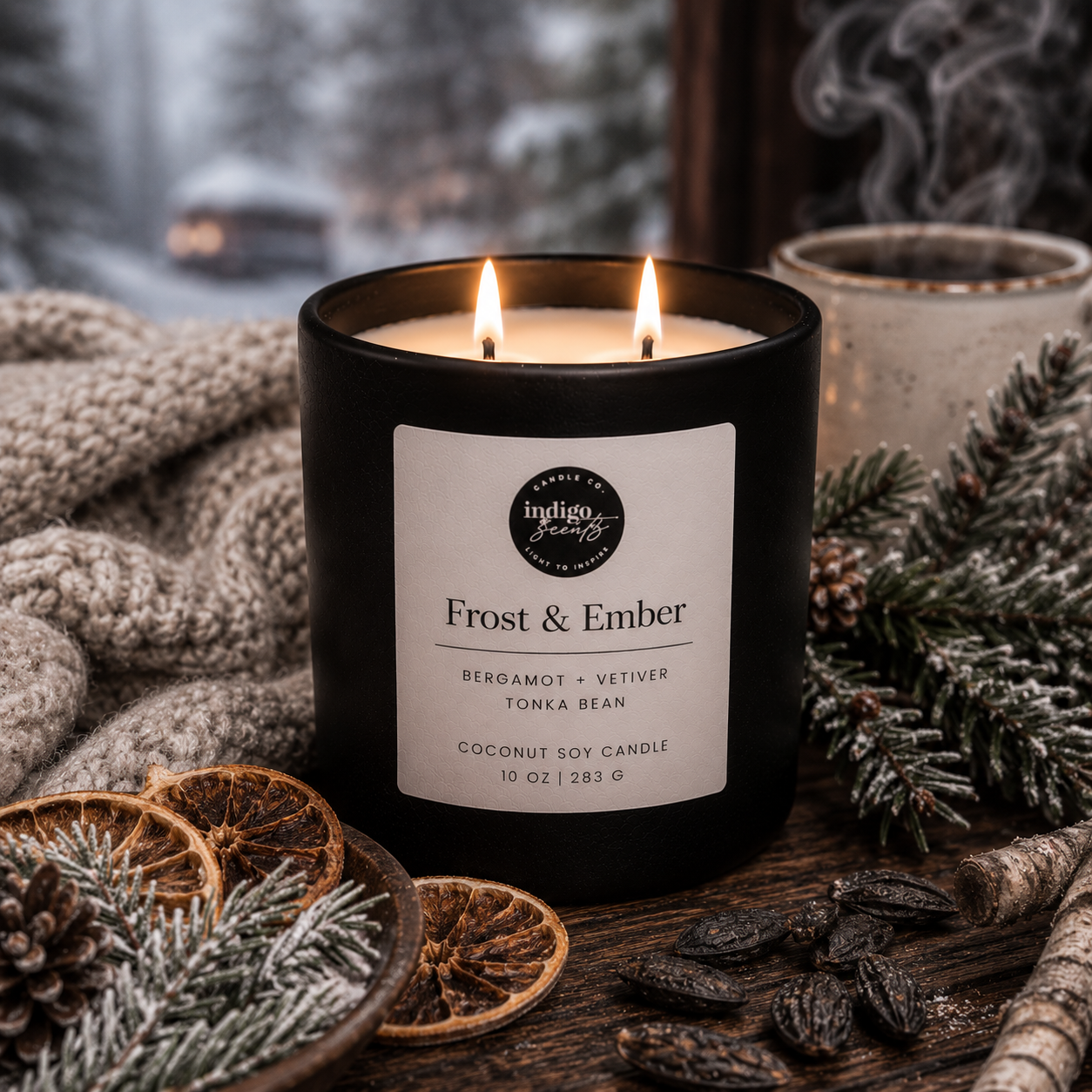 An Indigo Scents matte black candle labeled “Frost & Ember” rests beside evergreen branches, dried citrus slices, and a wool blanket with soft smoke rising in the background, creating an elegant winter atmosphere.