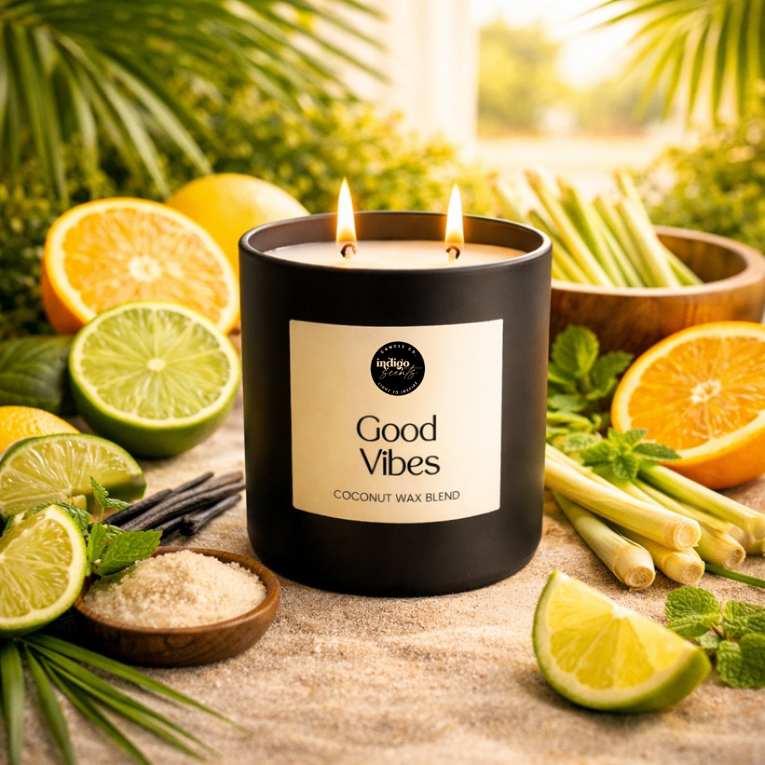 Candle labeled 'Good Vibes' surrounded by citrus fruits and herbs on a wooden surface with a natural background.