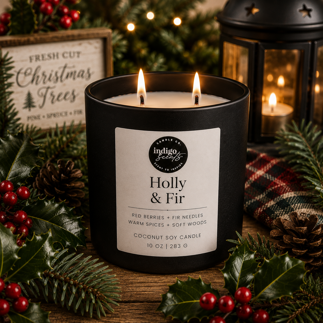 A black soy candle labeled 'Holly & Fir' by Indigo Scents, lit and surrounded by Christmas greenery, pinecones, red berries, and warm holiday lights.