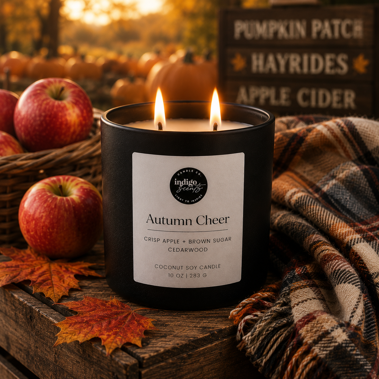 An Indigo Scents matte black candle labeled “Harvest Cheer” surrounded by crisp apples, a plaid blanket, scattered autumn leaves, and warm golden hour light beside a pumpkin patch backdrop.