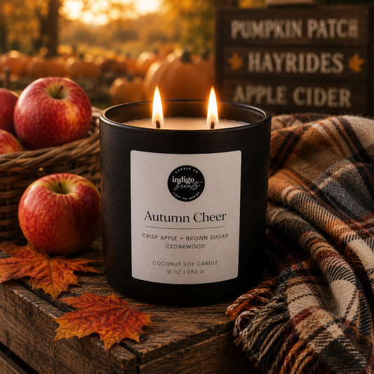 An Indigo Scents matte black candle labeled “Harvest Cheer” surrounded by crisp apples, a plaid blanket, scattered autumn leaves, and warm golden hour light beside a pumpkin patch backdrop.