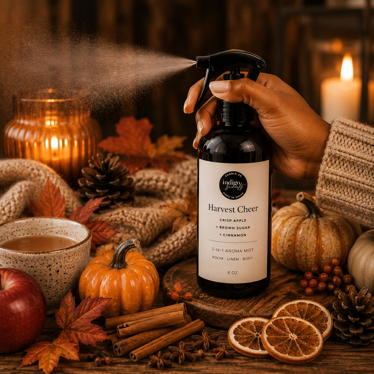 A hand holds a dark amber spray bottle labeled 'Harvest Cheer' with a black trigger sprayer, spraying a fine mist. The bottle is surrounded by autumn-themed props including a small pumpkin, cinnamon sticks, dried orange slices, an apple, a cup of tea, pinecones, and a knitted sweater sleeve, with warm candles in the background.