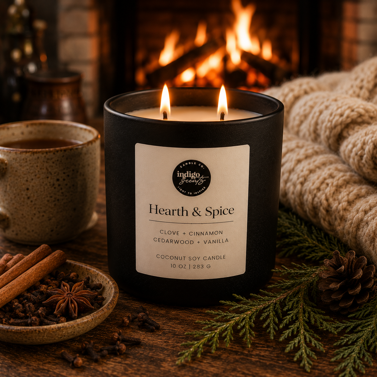 An Indigo Scents matte black candle labeled “Hearth &amp; Spice” sits beside a crackling fireplace with cinnamon sticks, cloves, cedar branches, and a soft knit throw illuminated by warm candlelight.