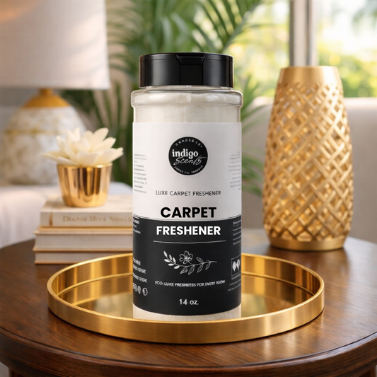 Indigo Scents carpet freshener bottle on a gold tray with a home decor background