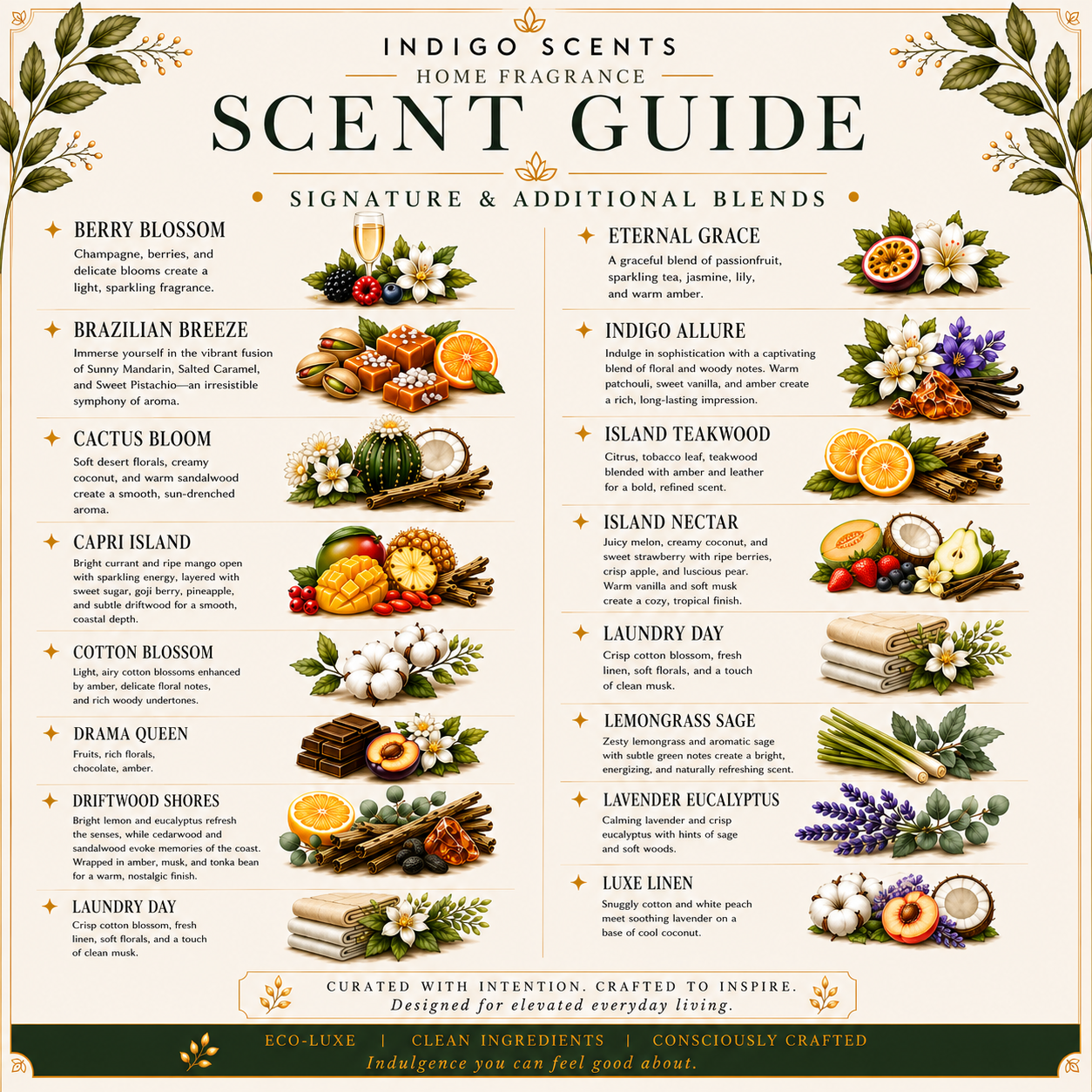 A decorative scent guide poster titled 'SCENT GUIDE' by Indigo Scents, featuring columns of fragrance names, descriptions, and small ingredient illustrations such as citrus, flowers, and spices on a cream background with botanical borders.