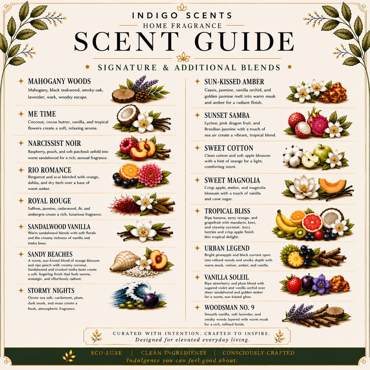 A decorative scent guide poster from Indigo Scents, featuring a cream background with botanical illustrations, the title 'SCENT GUIDE', and multiple fragrance names with descriptions and small photos of the scents' ingredients.