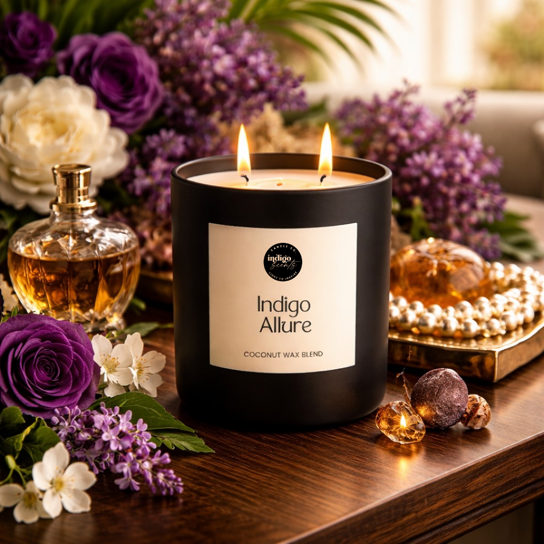 Indigo Allure candle scent mockup showcasing rich florals, warm woods, patchouli, creamy vanilla, and amber in a luxurious home fragrance setting