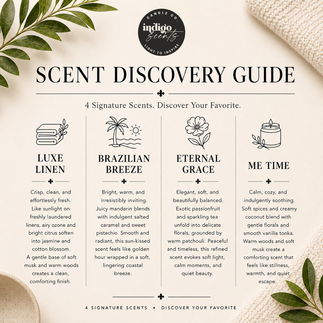 Square Indigo Scents scent discovery guide featuring Luxe Linen, Brazilian Breeze, Eternal Grace, and Me Time, with updated fragrance descriptions, minimalist icons, and soft botanical styling on a warm neutral background.