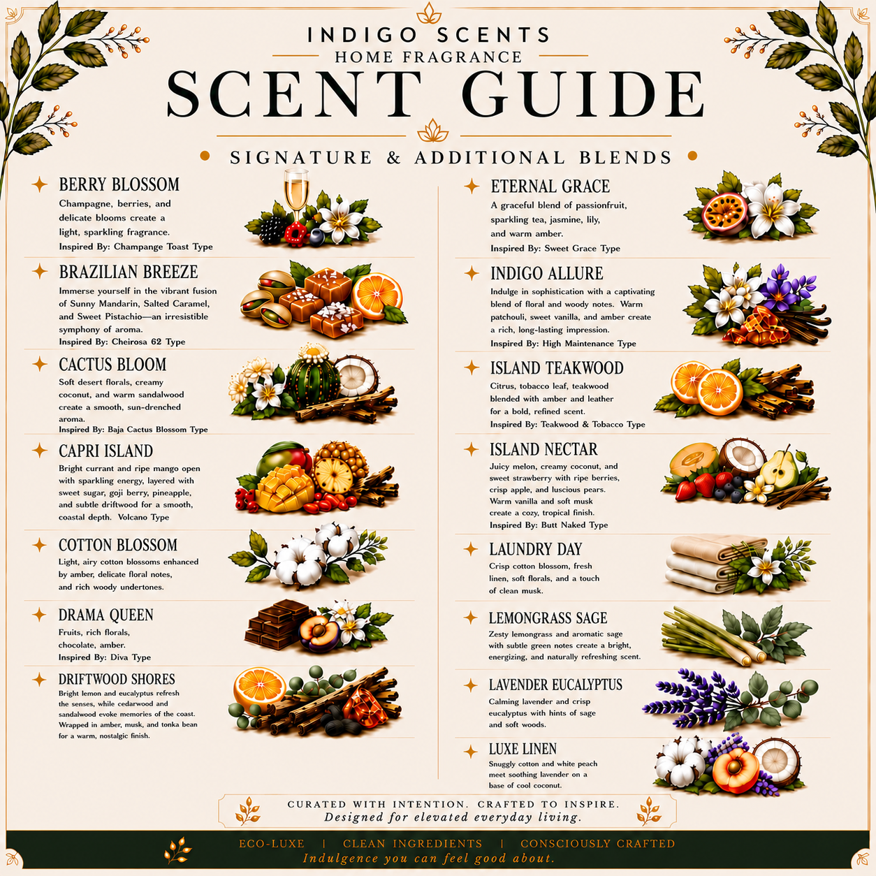 A decorative scent guide poster titled 'INDIGO SCENTS HOME FRAGRANCE SCENT GUIDE' with illustrated scent names, descriptions, and small product photos arranged in columns on a cream background with botanical borders.