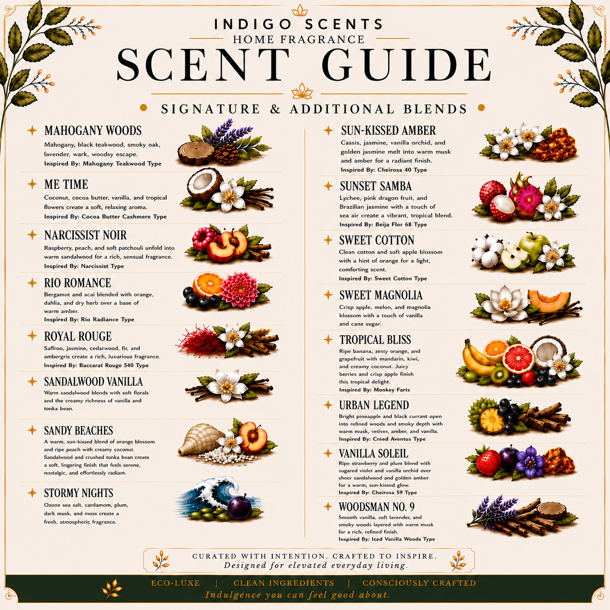 A decorative scent guide poster for 'Indigo Scents Home Fragrance' featuring a grid of fragrance names, descriptions, and illustrative illustrations of ingredients and flowers. The top reads 'SCENT GUIDE' with 'INDIGO SCENTS HOME FRAGRANCE' above it.