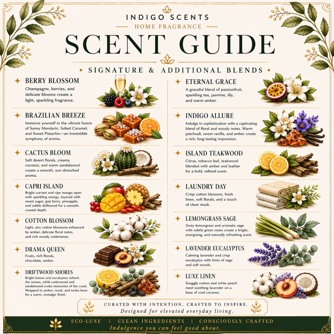 Indigo Scents Home Fragrance Scent Guide with various scents and their descriptions.