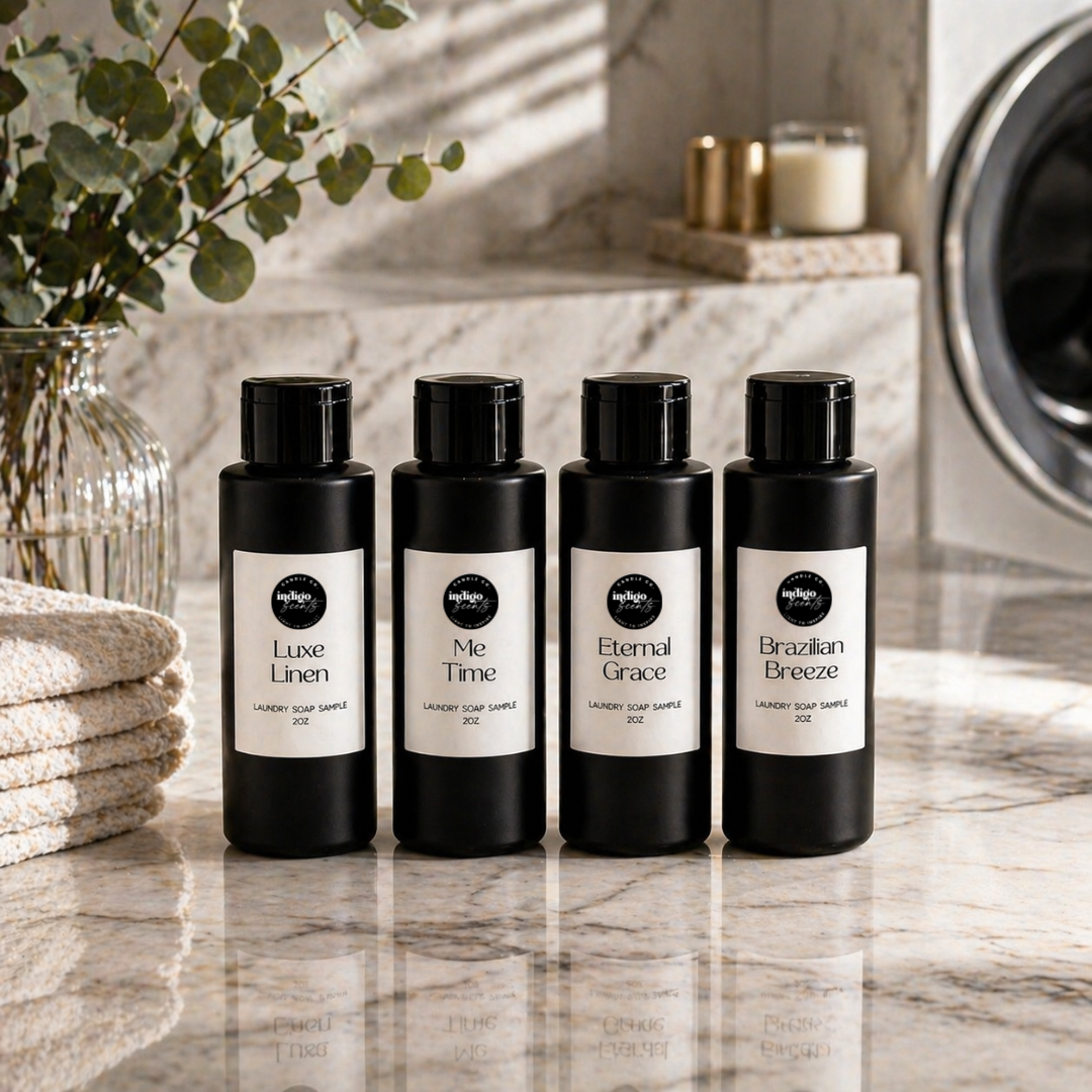 Four liquid laundry detergent minis in black bottles on marble counter.